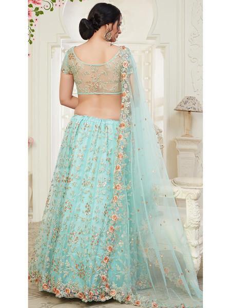 Myra Baby Blue Heavy Embroidered Net Lehenga Hot on Sale