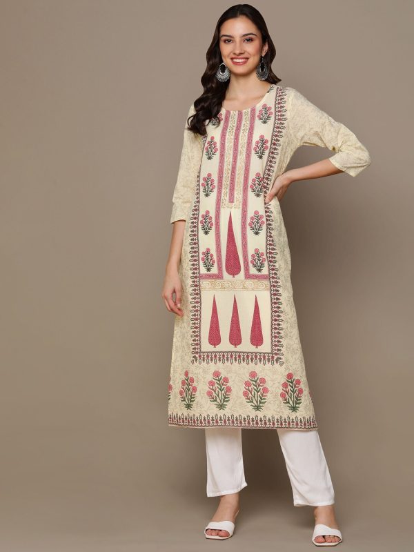 HERE&NOW Cream-Color & Pink Floral Printed Straight Kurta For Sale