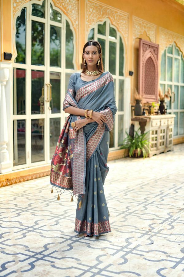 Vishnu Weaves Women s Grey Cotton Silk Zari Woven Butta Work Saree with Blouse Hot on Sale