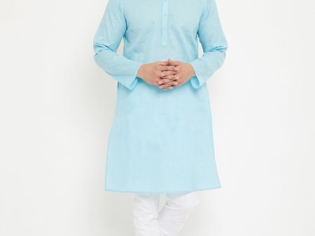 VM by Vastramay Men s Aqua Blue And White Cotton Blend Kurta Pyjama Set Cheap