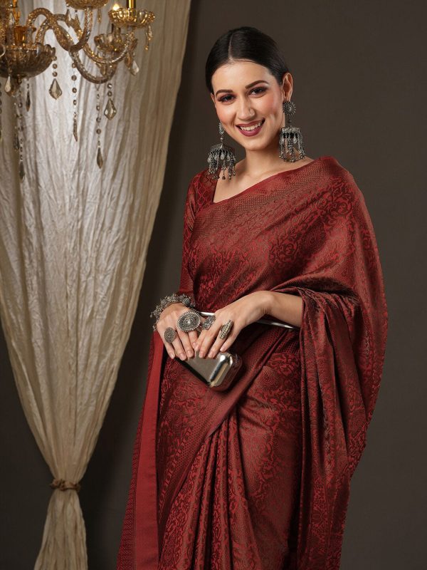 Saree Mall Maroon Woven Design Zari Silk Blend Banarasi Sarees Online Hot Sale