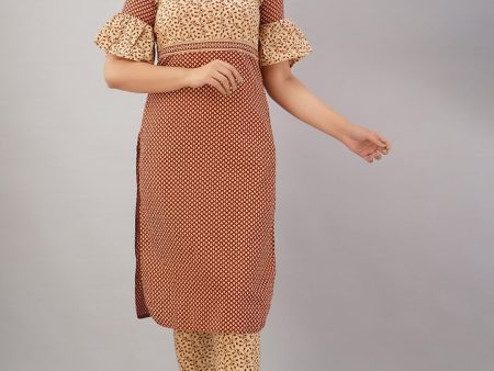 HERE&NOW Maroon & Beige Ethnic Motifs Printed Shirt Collar Kurta with Trousers For Cheap