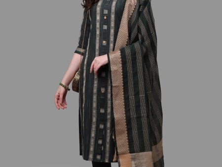 HERE&NOW Green Striped Pure Cotton Kurta With Trousers & Dupatta For Sale