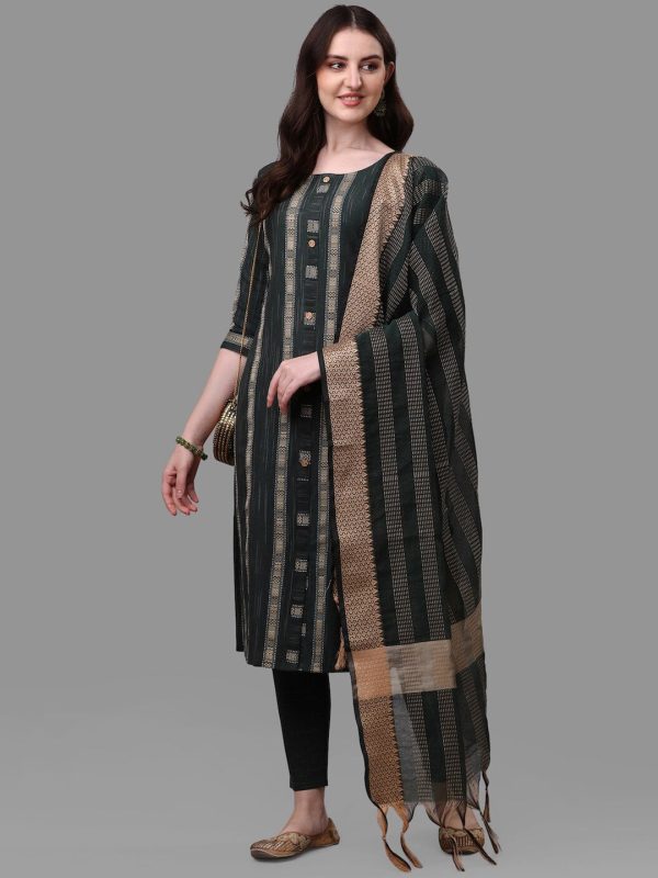 HERE&NOW Green Striped Pure Cotton Kurta With Trousers & Dupatta For Sale