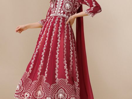 HERE&NOW Maroon & White Ethnic Motifs Embroidered Chikankari Kurta & Dupatta Hot on Sale