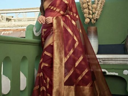 Delightful Designer Maroon Color Organza Silk Saree With Weaving Work - Yomika Fashions Online now