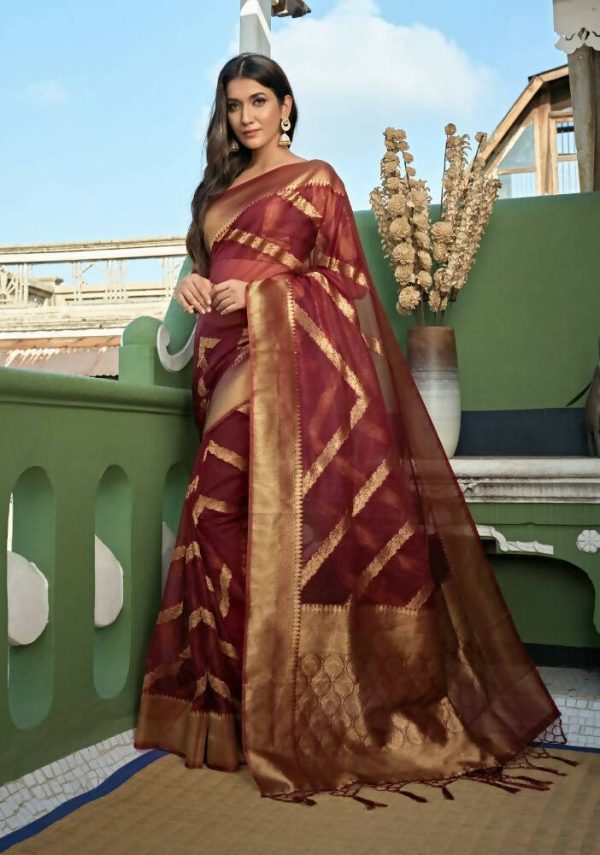 Delightful Designer Maroon Color Organza Silk Saree With Weaving Work - Yomika Fashions Online now