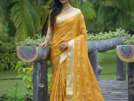 Vishnu Weaves Women s Yellow Organza Silk Zari Woven Saree with Blouse Online now