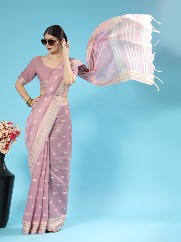 Vishnu Weaves Women s Purple Lucknowi Cotton Chikankari Woven Saree with Blouse Online now