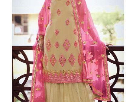 Myra Beige and Pink Heavy Embroidered Gharara Suit Discount