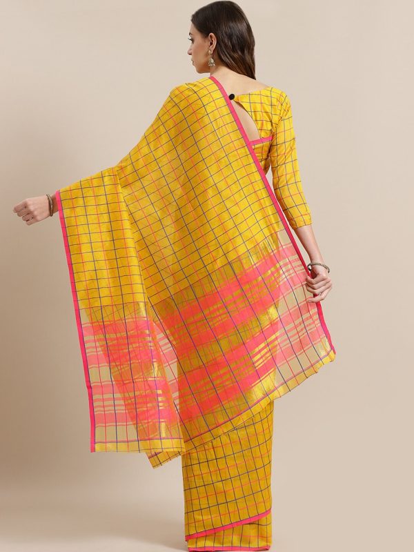 Saree Mall Mustard & Coral Checked Silk Cotton Sarees For Discount