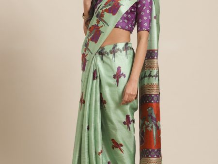 Saree Mall Green & Purple Ethnic Motifs Print Bhagalpuri Saree For Discount