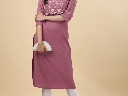 HERE&NOW Mauve & Biege Ethnic Motifs Embroidered Yoke Design Mirror Work Kurta on Sale