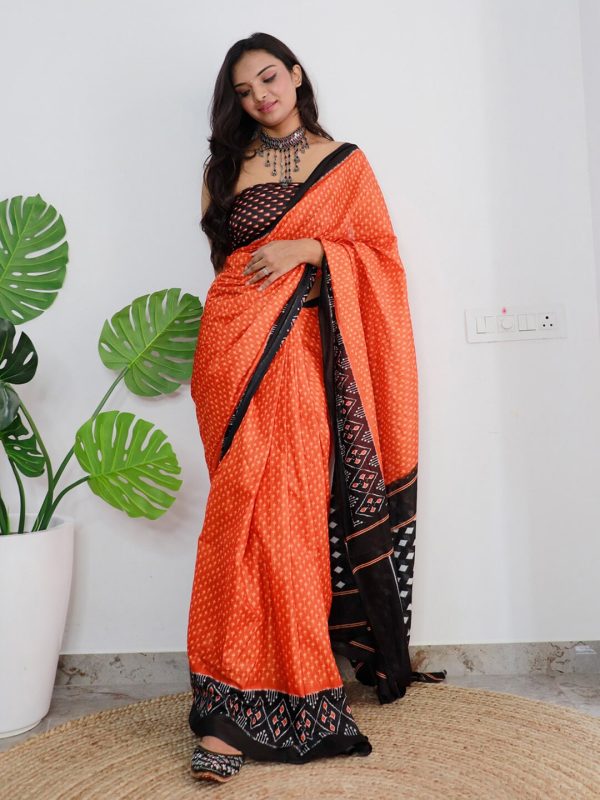 Saree Mall Orange & Black Ethnic Motifs Printed Pure Cotton Sarees For Cheap