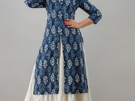 HERE&NOW Blue & White Boat Neck Floral Printed Kurta with Skirt Online