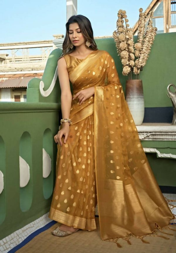 Delightful Designer Light Yellow Color Organza Silk Saree With Weaving Work - Yomika Fashions Hot on Sale