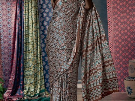 Saree Mall Brown & Blue Ethnic Motifs Printed Pure Crepe Block Print Saree on Sale