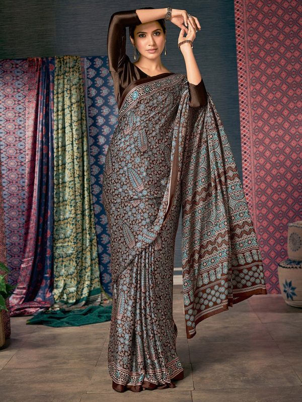 Saree Mall Brown & Blue Ethnic Motifs Printed Pure Crepe Block Print Saree on Sale