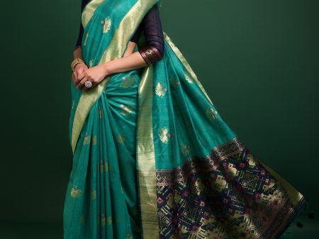 Vishnu Weaves Women s Rama Tussar Silk Zari Woven Saree with Blouse Online Sale