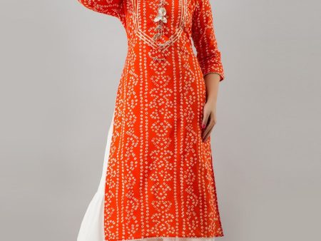 HERE&NOW Orange Tie Up Neck Bandhani Printed Gotta Patti Kurta Sale