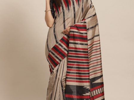 Saree Mall Beige & Black Striped Bhagalpuri Saree on Sale