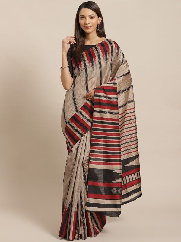 Saree Mall Beige & Black Striped Bhagalpuri Saree on Sale