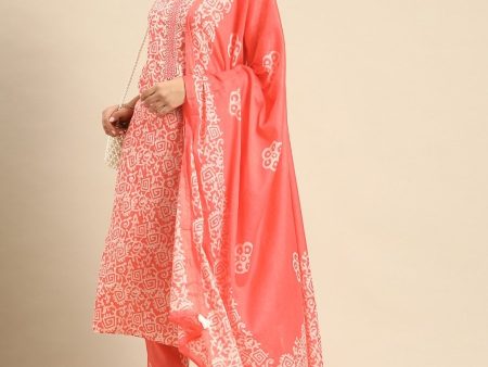 Anouk Coral Pink & White Ethnic Print Mirror Work Cotton Straight Kurta Trousers Dupatta Supply