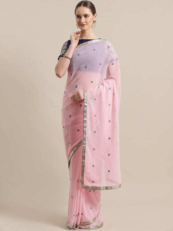 Saree Mall Pink & Navy Blue Embroidered Saree Online now