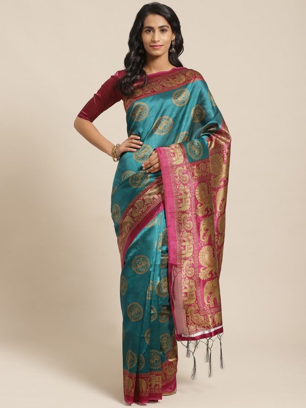 Saree Mall Teal Green & Beige Printed Bhagalpuri Saree For Discount