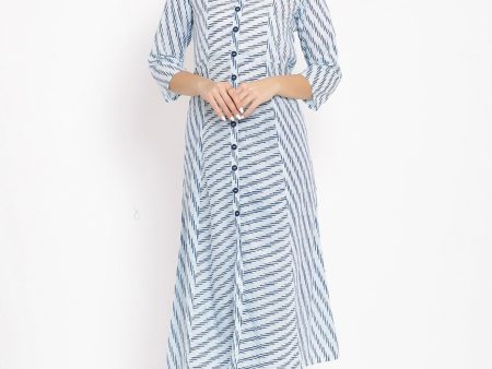 HERE&NOW Blue & White Striped Mandarin Collar Kurta Sale