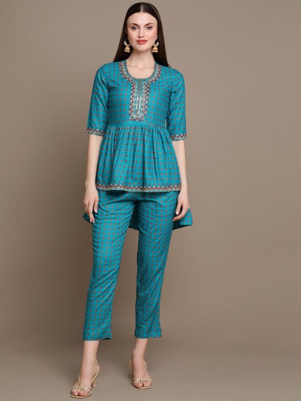 HERE&NOW Ethnic Motifs Embroidered Thread Work & Sequinned High-Low Kurti with Trousers Online now