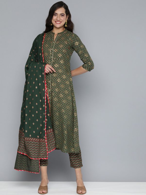 HERE&NOW Ethnic Motifs Printed Gotta Patti Pure Cotton Kurta With Trousers & With Dupatta For Discount