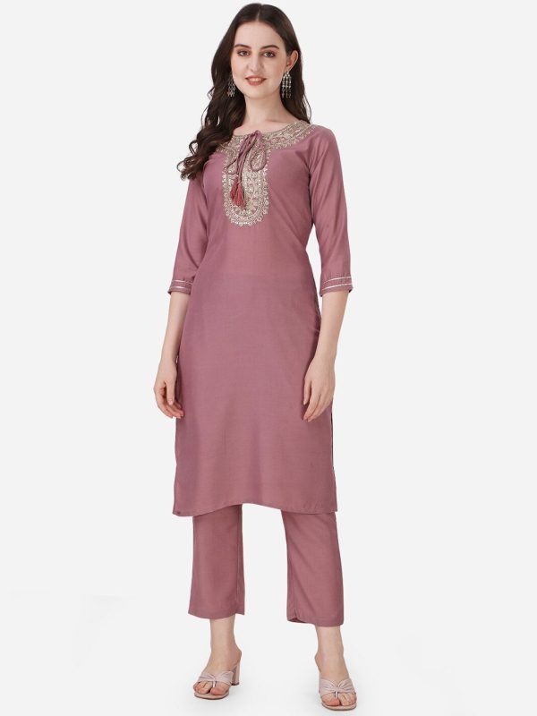 HERE&NOW Ethnic Motif Yoke Design Thread Work Kurta With Trousers Discount