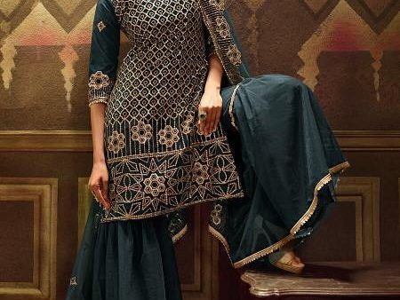 Myra Rama Green Soft Net Gharara Suit Cheap