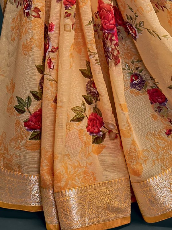 Saree Mall Yellow & Gold-Toned Floral Pure Georgette Banarasi Saree Discount