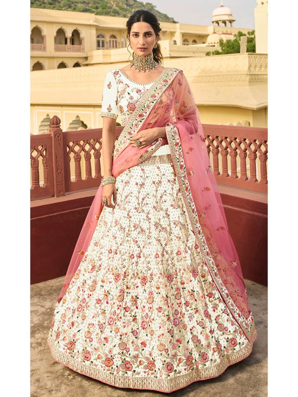 Myra Beautiful Cream Organza Embroidered Lehenga Choli For Cheap