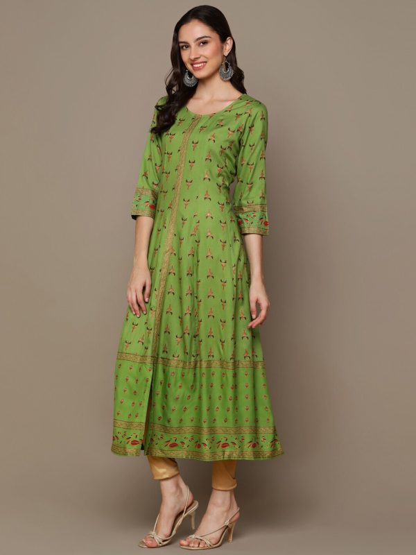 HERE&NOW Green & Maroon Ethnic Motifs Printed A-Line Kurta on Sale