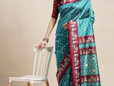 Saree Mall Blue & Maroon Bandhani Silk Blend Bandhani Sarees Fashion