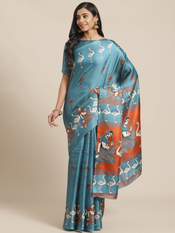 Saree Mall Blue & Beige Ethnic Motifs Print Bhagalpuri Saree Sale