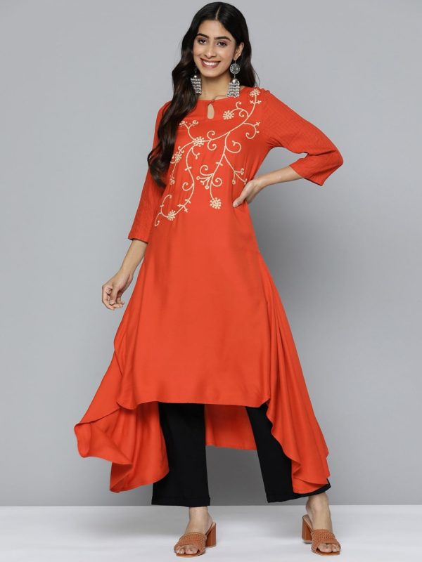 HERE&NOW Mirror Work Embroidered Keyhole Neck Asymmetric Dipped Hem Kurta Sale