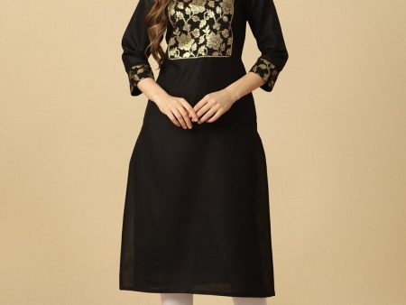 HERE&NOW Black & Gold Square Neck Yoke Design Cotton Kurta For Discount