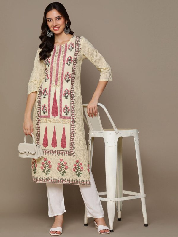 HERE&NOW Cream-Color & Pink Floral Printed Straight Kurta For Sale