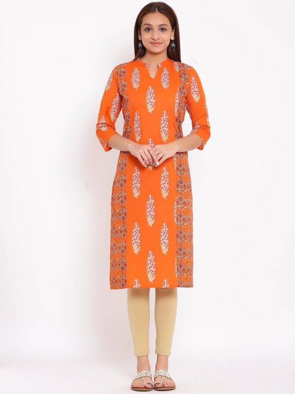 HERE&NOW Orange & White Ethnic Motifs Printed Straight Kurta Online now