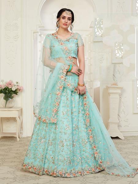 Myra Baby Blue Heavy Embroidered Net Lehenga Hot on Sale