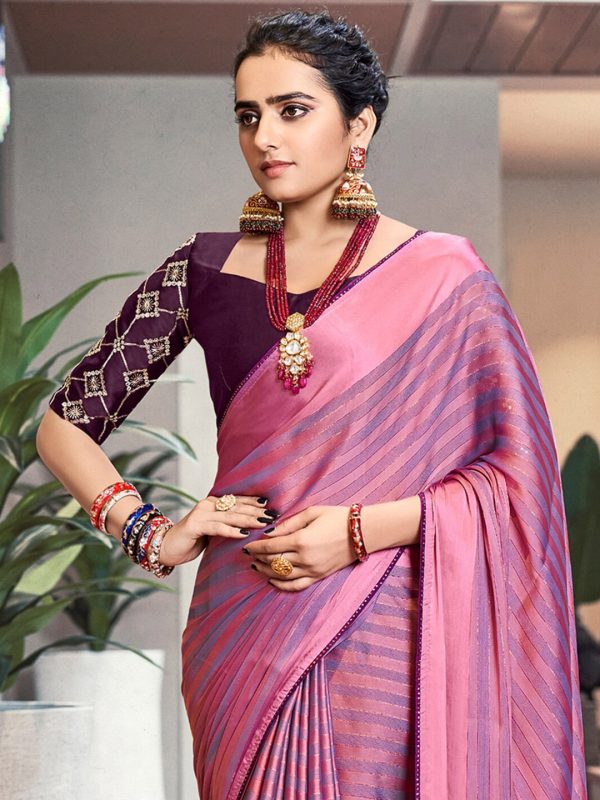 Saree Mall Magenta & Purple Striped Zari Saree Online Sale