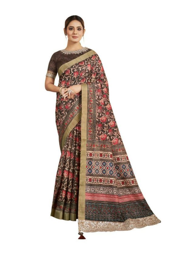 Brown Bhagalpuri Silk Floral Print with Hand work & Stone Work Border Saree - Norita Nirvi Sale