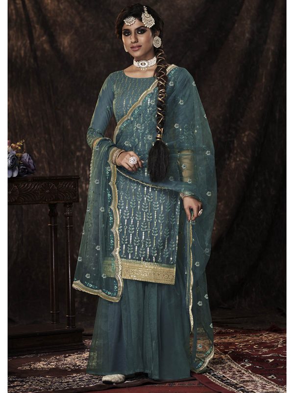 Myra Beautiful Dark Firozi Net Embroidered Sharara Suit For Cheap