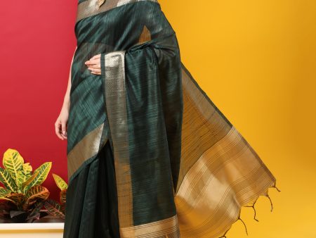 Vishnu Weaves Women s Bottle Green Tussar Silk Zari Woven Saree with Blouse Fashion