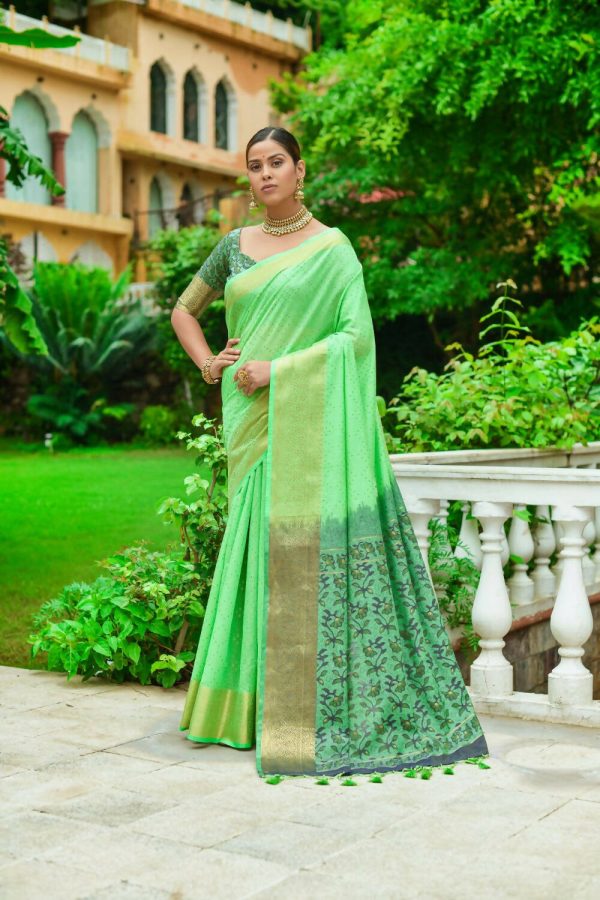 Vishnu Weaves Women s Green Linen Cotton Bandhani Woven Saree with Blouse Cheap