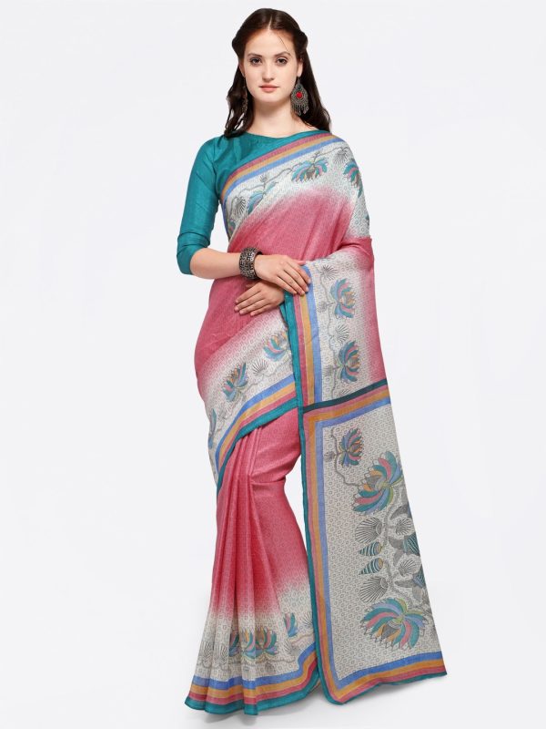 Saree Mall Pink & Grey Art Silk Printed Bhagalpuri Saree Online